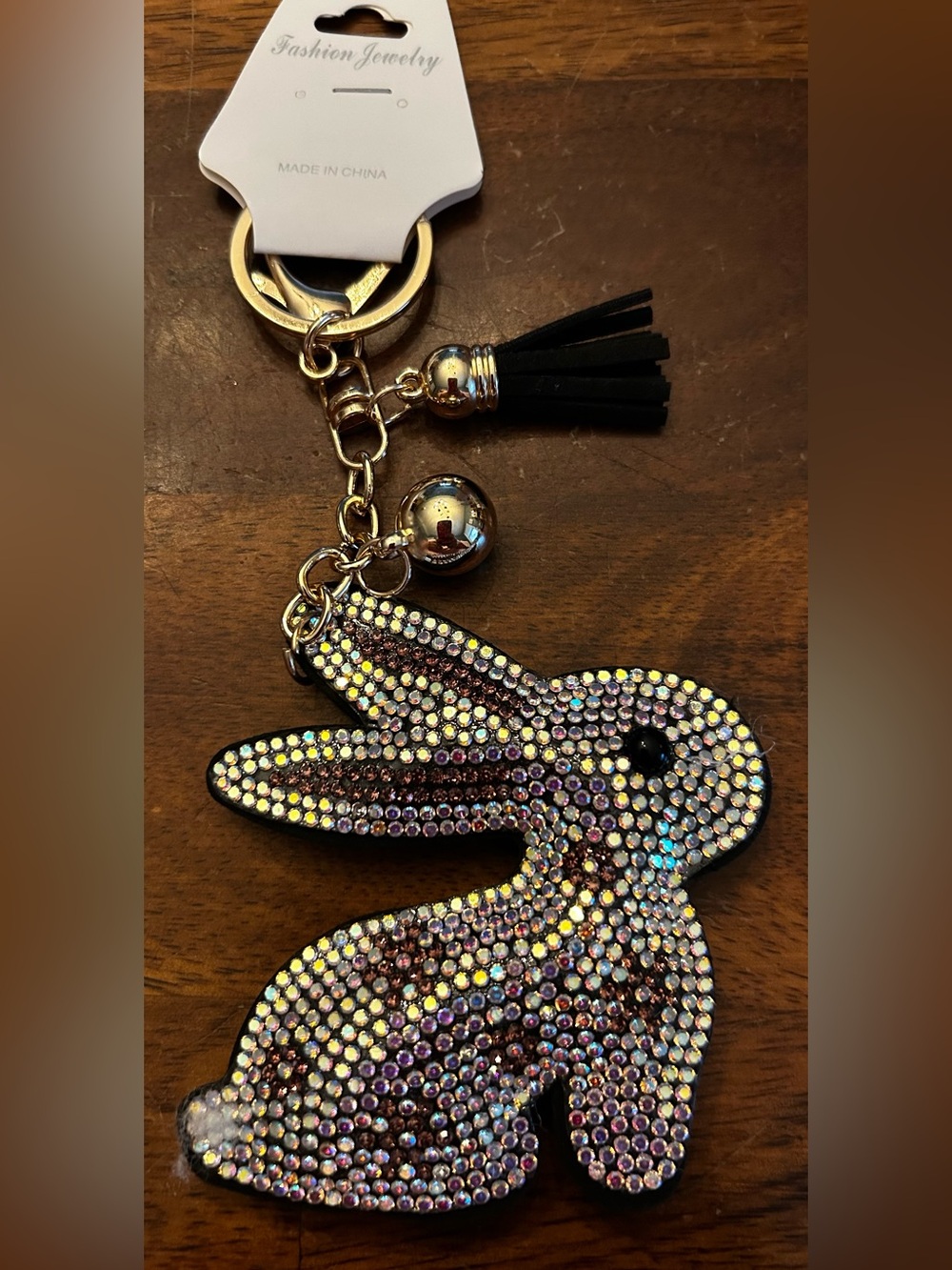 Fashion Jewelry Iridescent Crystal Bunny Keychain Bag Charm w/Black Tassel, Clip